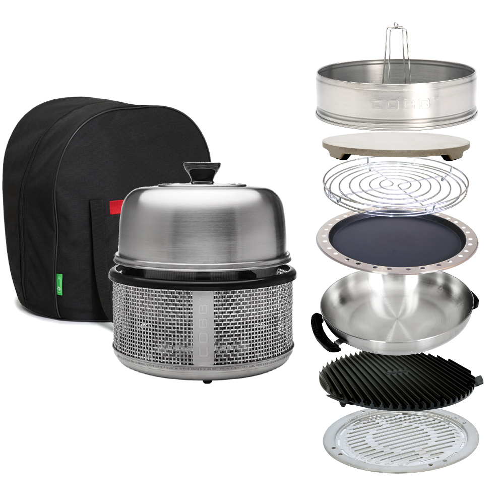 Collection of metal grill components including a dome lid, mesh base, and various cooking grids on a white background.