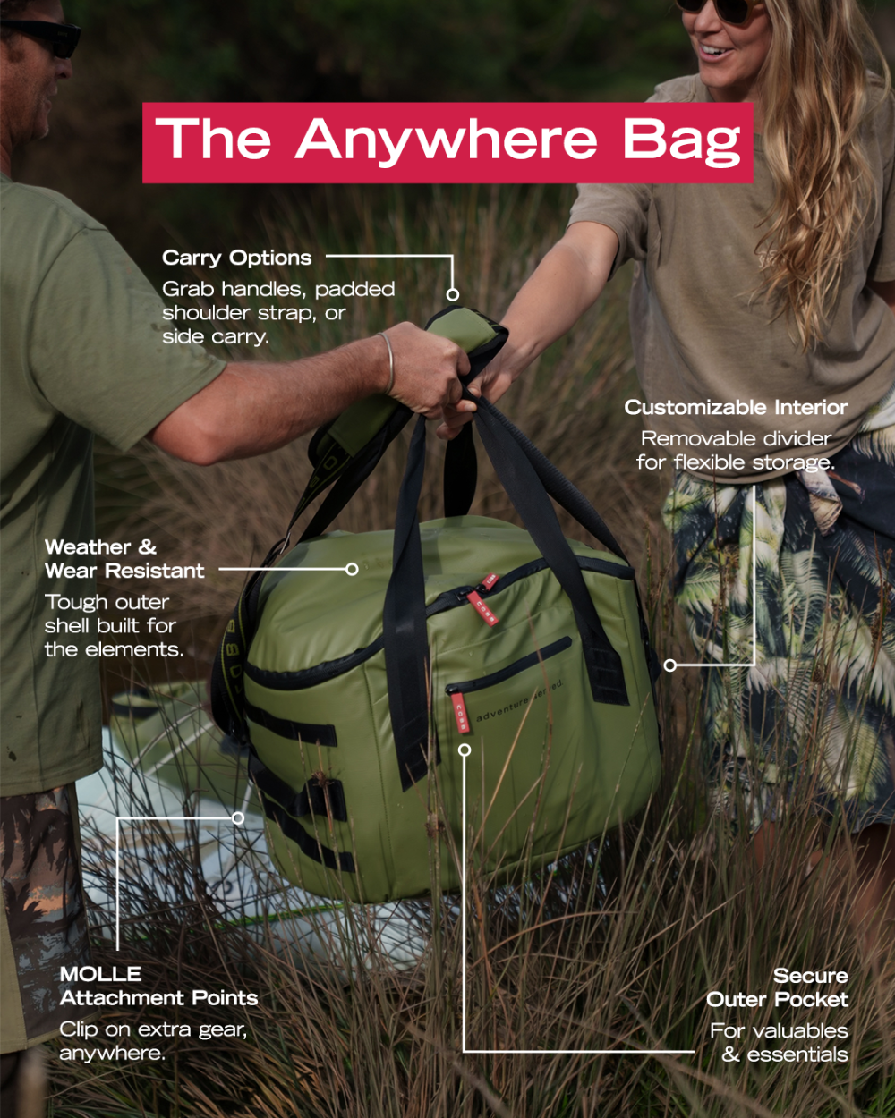 Green Anywhere Bag being held by two people with features highlighted on a natural background