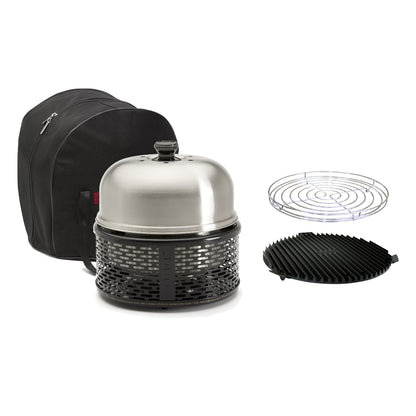 Portable grill set with dome lid, black carrying case, and additional grilling components on a white background.