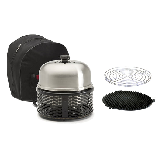 Portable grill set with dome lid, black carrying case, and additional grilling components on a white background.