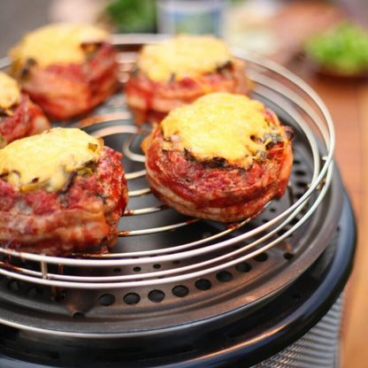 COBB Portable cooker with roasting rack on top cooking stuffed mushrooms