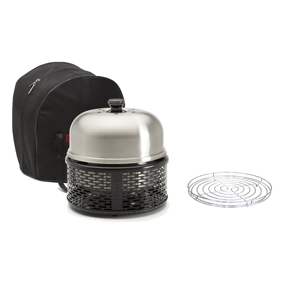 Black barbecue grill with a silver dome lid and a black carrying case on a white background.