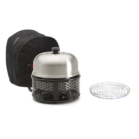 Black barbecue grill with a silver dome lid and a black carrying case on a white background.
