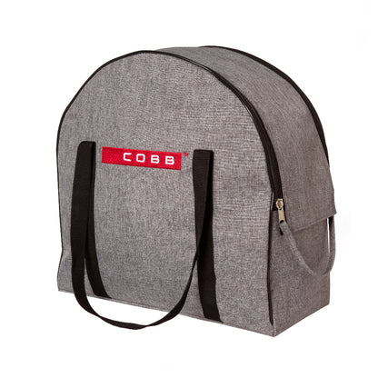 Gray accessory bag with a red and white logo on a white background