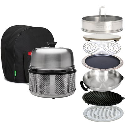 Collection of metal grill components including a dome lid, mesh base, and various cooking grids on a white background.